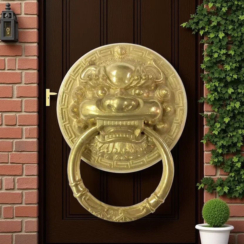 

1 шт., винтажный латунный литой дверной молоток с головой льва, дверная ручка из массива дерева, стекло, вилла, двор, ворота, кольцо, дверная ручка