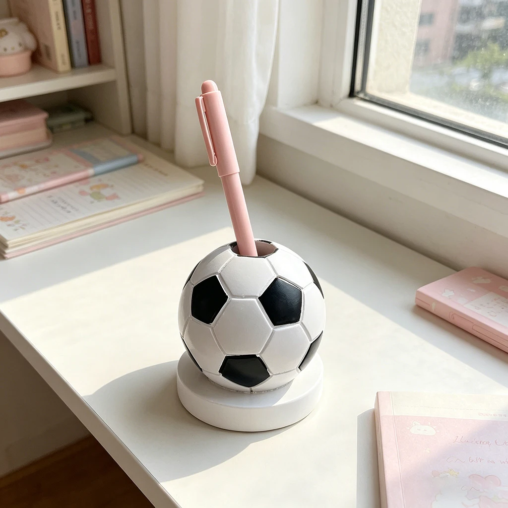 Football Shaped Pen Holder, Soccer Ball Resin Desk Organizer, Cute Stationery Storage for Office & School