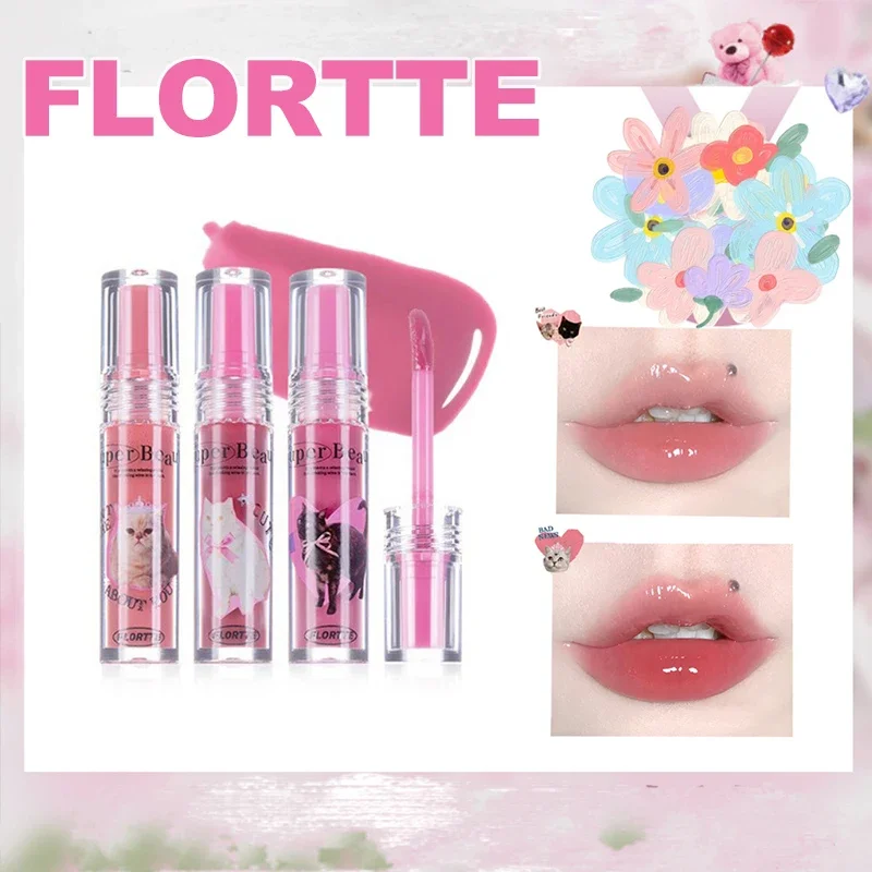 FLORTTE Lip GLOSS Moisturizing Transparent Lip Glaze Tint กันน้ําลิปสติกเกาหลีแต่งหน้าผู้หญิงเครื่องสําอาง Lip Makeup