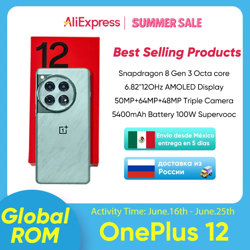 Uzbekistan Mexico Fast shipping OnePlus 12 5G GlobalRom Snapdragon 8 Gen 3 6.82'' 120Hz AMOLED LCD 100W SuperVooc Charge 5400mAh