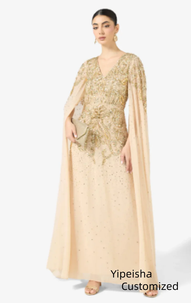 Maßgeschneiderte Luxus-Abendkleider mit V-Ausschnitt und Kristallen, Chiffon-Pailletten mit Cape-Ärmeln, formelles Abendkleid, knöchellanges Kleid