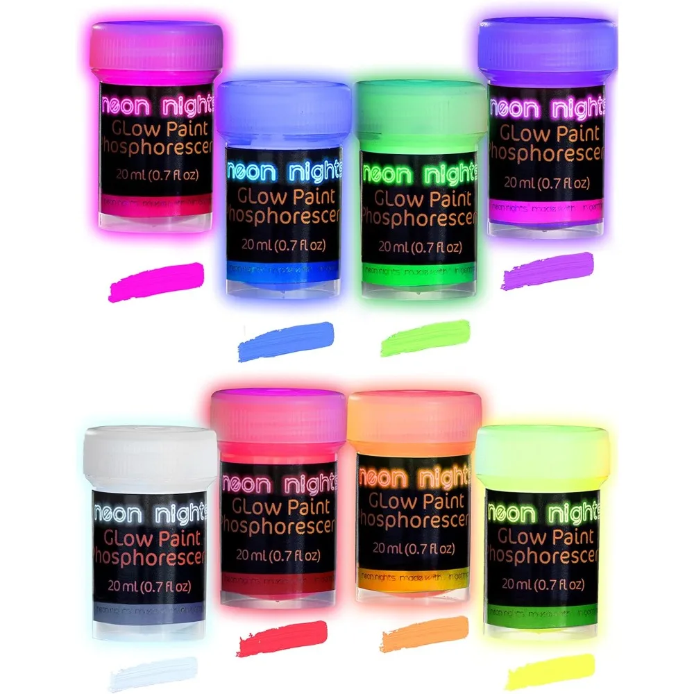 neon nights Glow in The Dark Luminescent Phosphorescent Self-Luminous Paint Set of 8