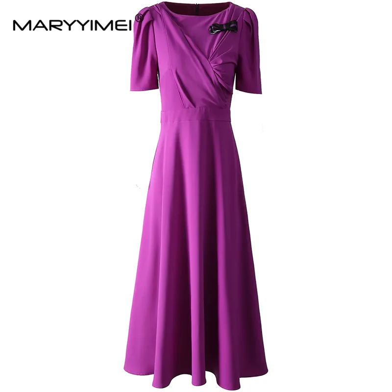 MARYYIMEI Elegant Women's A-Line Dress Summer Short-Sleeved Bow Folds Design Vintage Temperament Solid Color Dresses