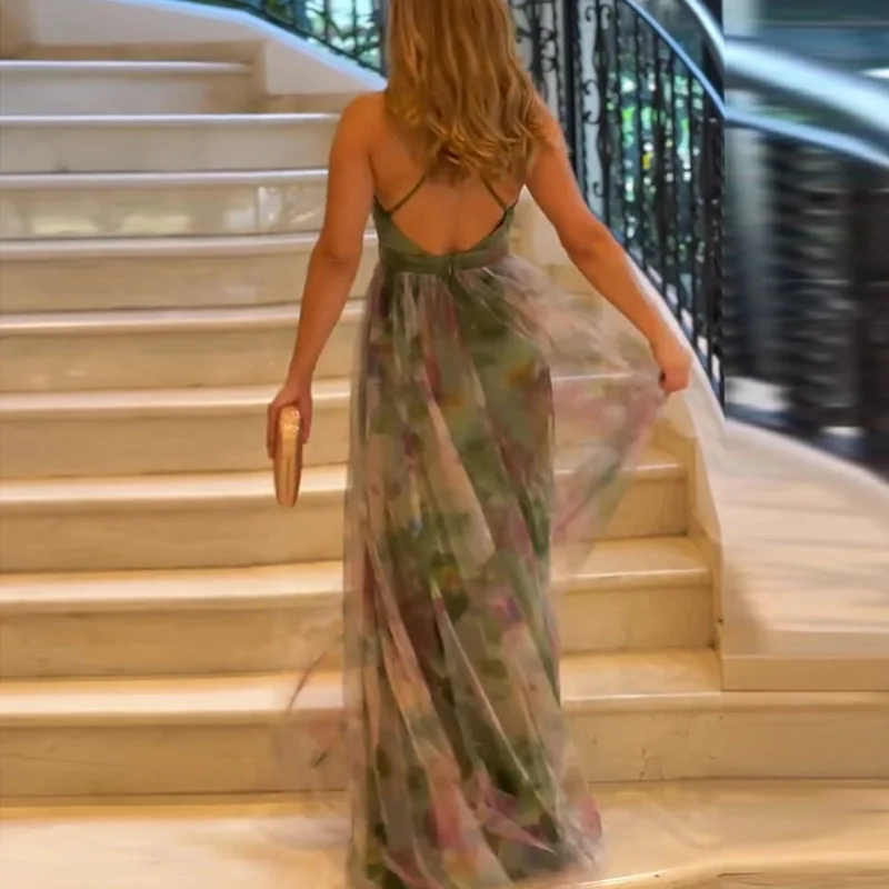 Temperament Backless Swing Jurken Nieuwe Banket Print Geplooide Mesh Avondjurk Elegante Dame Hoge Taille Party Lange Sling Jurk