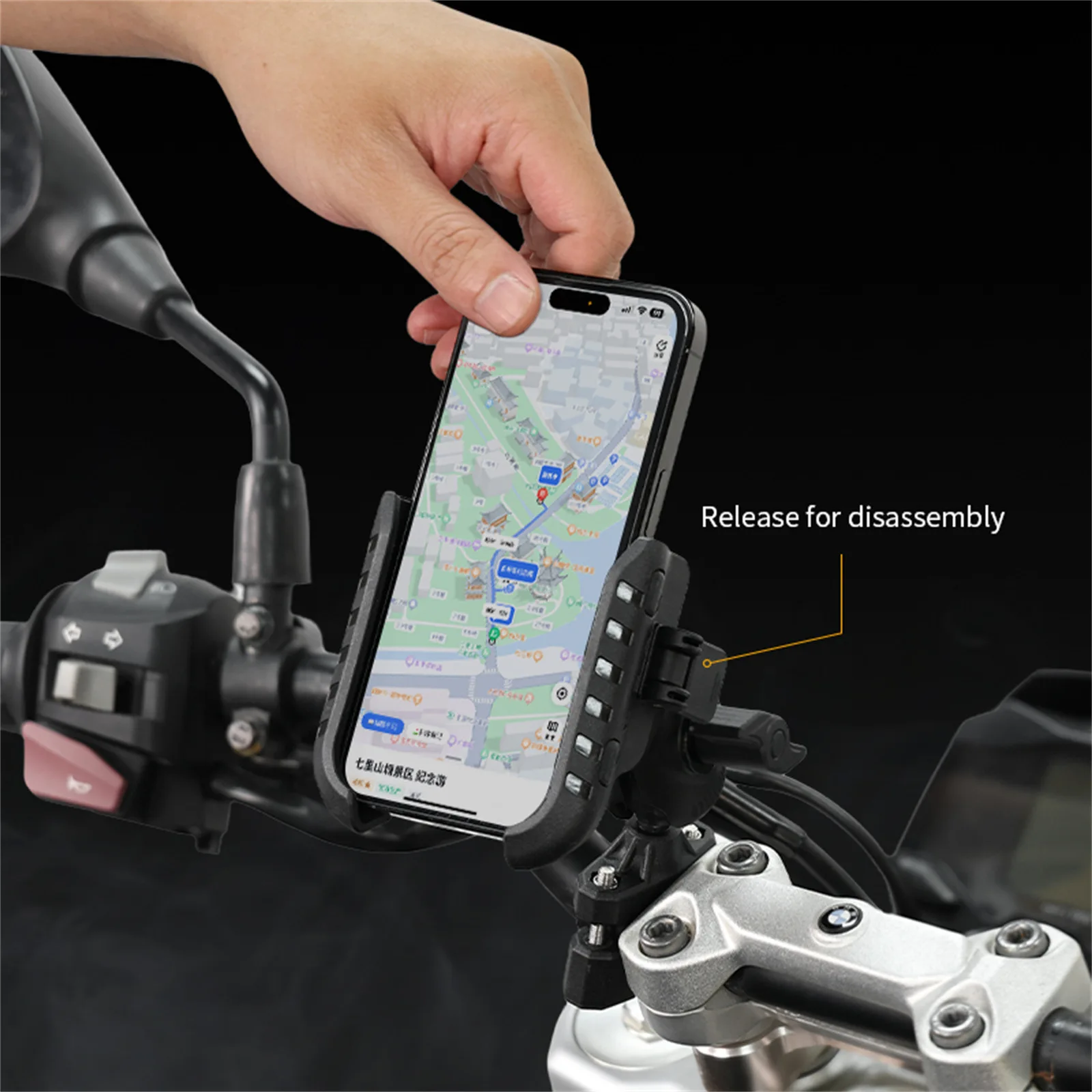Motorcycle Quick Release Phone Mount Shock Absorbing 360 Rotatable Cell Phone Holder for Motorbike E‑Bike Scooter Navigation