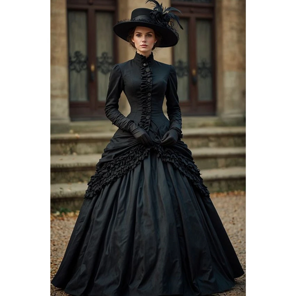 

Gothic Black Prom Dress High Collar Long Sleeves Ruffles Satin Floor Length Special Occasion Party Halloween Costume Customized
