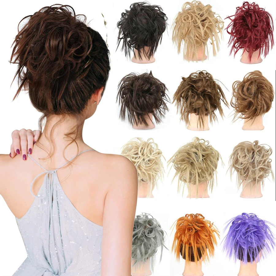 Synthetischer, unordentlicher, flauschiger Haarknoten, zerzaustes Haarteil, elastisches Band, Chignon, Haargummi, Pferdeschwanz-Erweiterungen, Haarschleife für Frauen – Detail 1