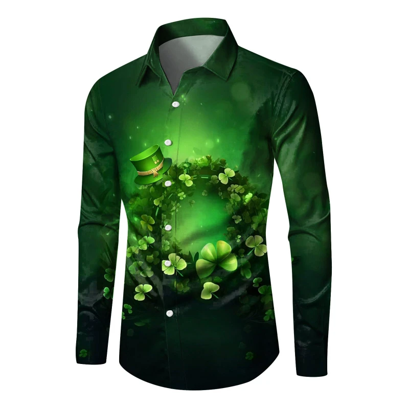 Mode Mannen St. Patrick's Day Shirts met lange mouwen 3D Print Groene Klaver Grafische Hawaiiaanse Shirts Dameskleding Casual Mode Top