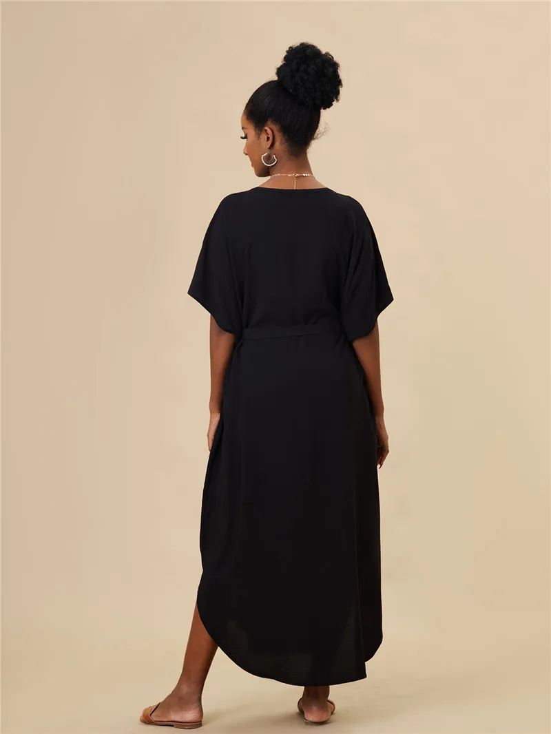 Golden Embroideried Long Kaftan Bikini Cover-ups Sexy V-neck Half Sleeve Maxi Dress Tunic Women Beach Wear Swim Suit Cover Up