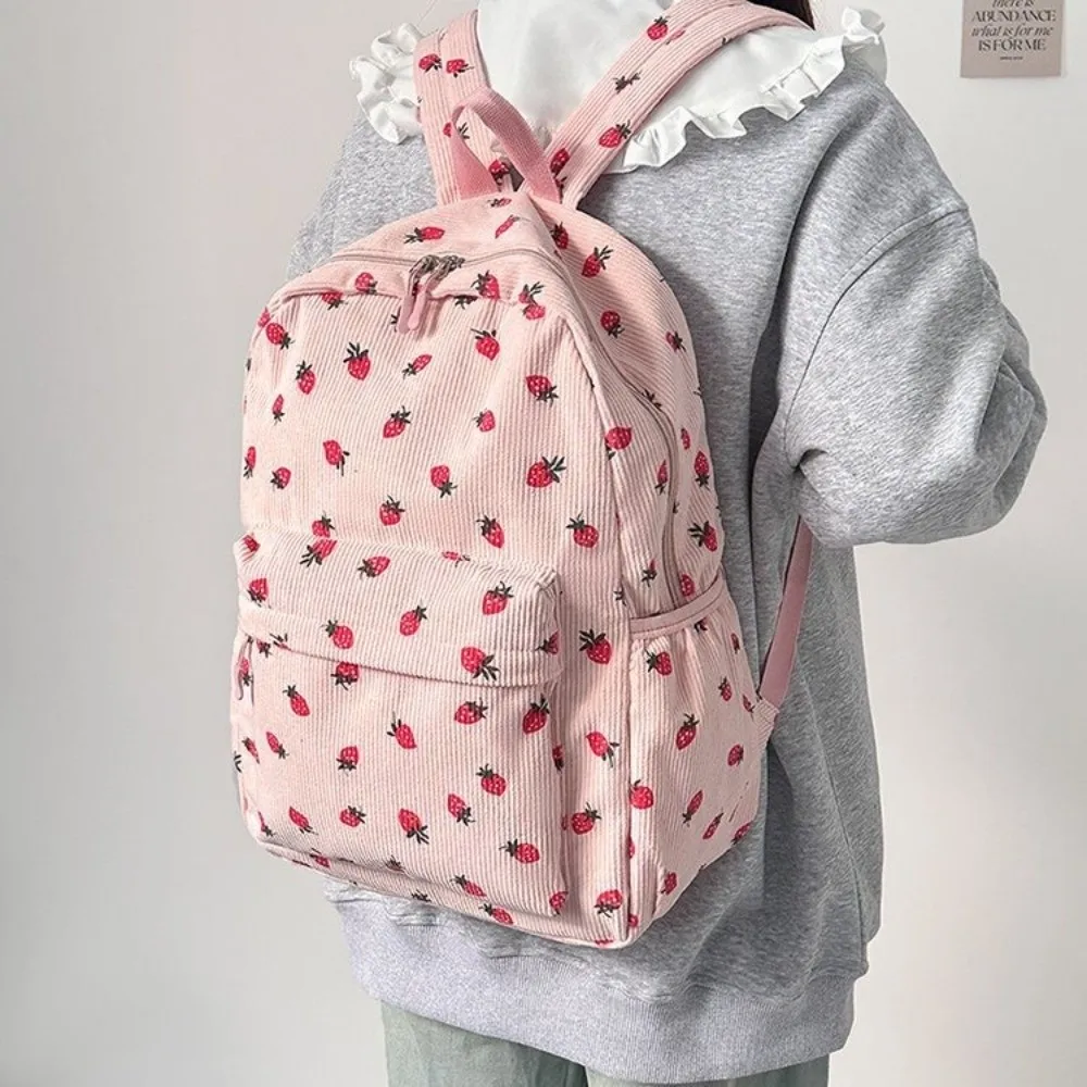 Strawberry Corduroy Backpack Lightweight Solid Color Students School Bag Large Capacity Japanese Style Students Daypack Daily