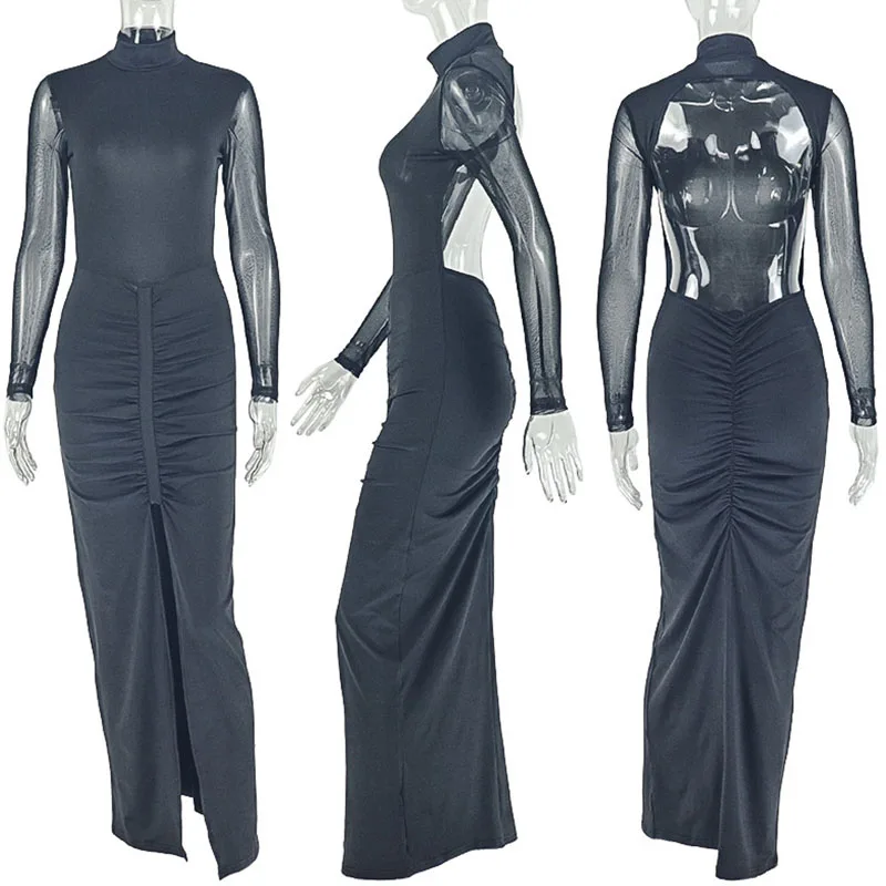 Doyerl شبكة شير المرقعة الأسود Bodycon فساتين النساء طويلة الأكمام غمد سليم بسط سبليت النادي الليلي فستان طويل الجلباب