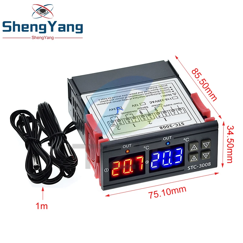 Dual Digital STC-3008 Temperature Controller Two Relay Output Thermostat Heater with Probe 12V 24V 220V Home Fridge Cool Heat