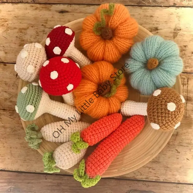 

Детские вязаные грибы морковки, реквизит для фотосессии, мягкие удобные вязаные крючком игрушки для новорожденных, вязаный аксессуар в форме тыквы для позирования ребенка
