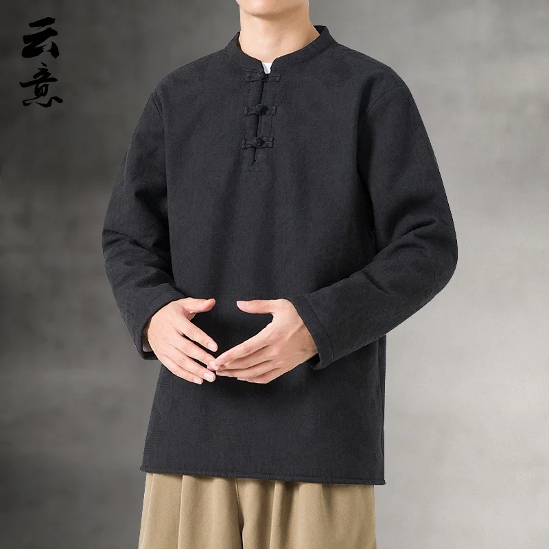 

Зимняя утепленная футболка с длинным рукавом и подкладкой из овечьей шерсти, мужской традиционный китайский костюм Тан, ретро-дизайн Ханьфу с пуговицами
