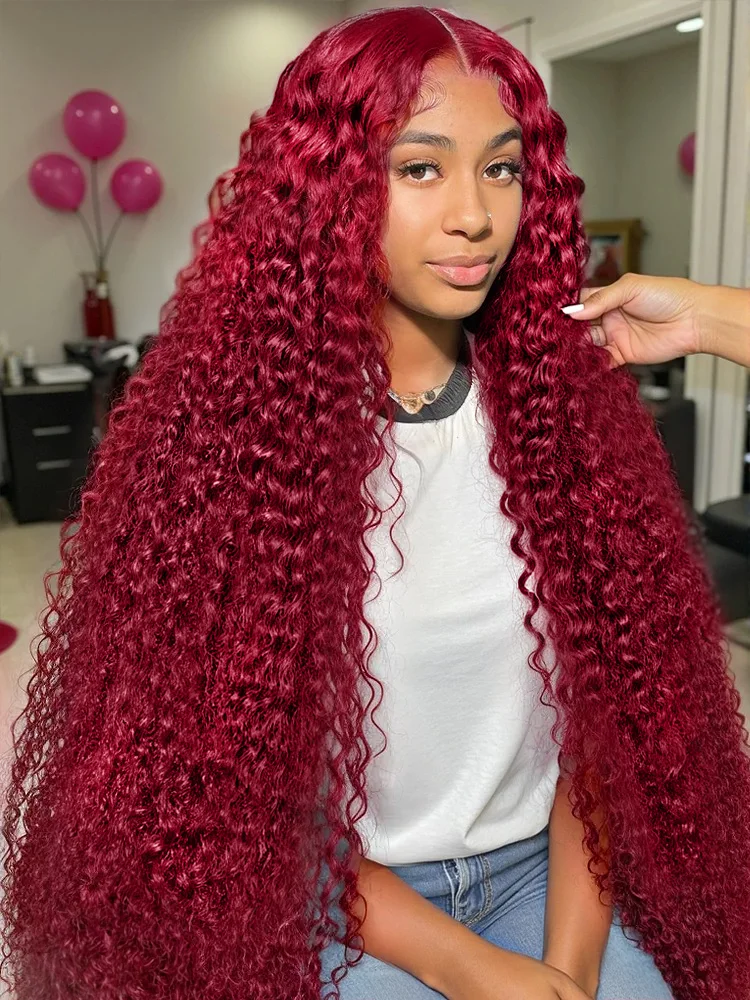 

Burgundy 13x6 Hd Lace Frontal Human Hair Wig Deep Wave Curly Wigs For Women 30 40 Inch Water Wave Colored 99j Red Lace Front Wig