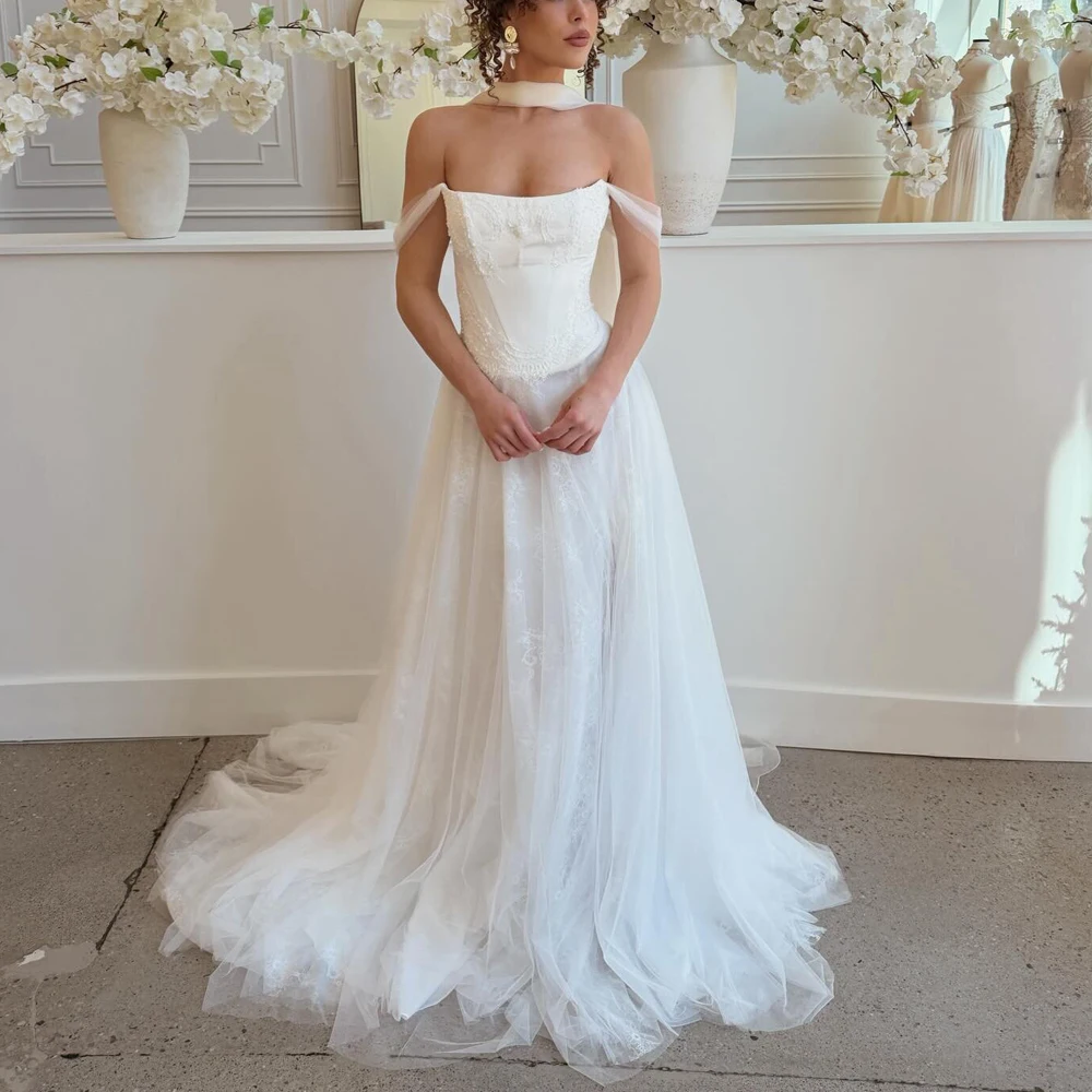 Customized Fancy Boho Wedding Dress with Scarf Off the Shoulder Lace Beach Bridal Gown Tulle with Bead Spring vestidos de novia