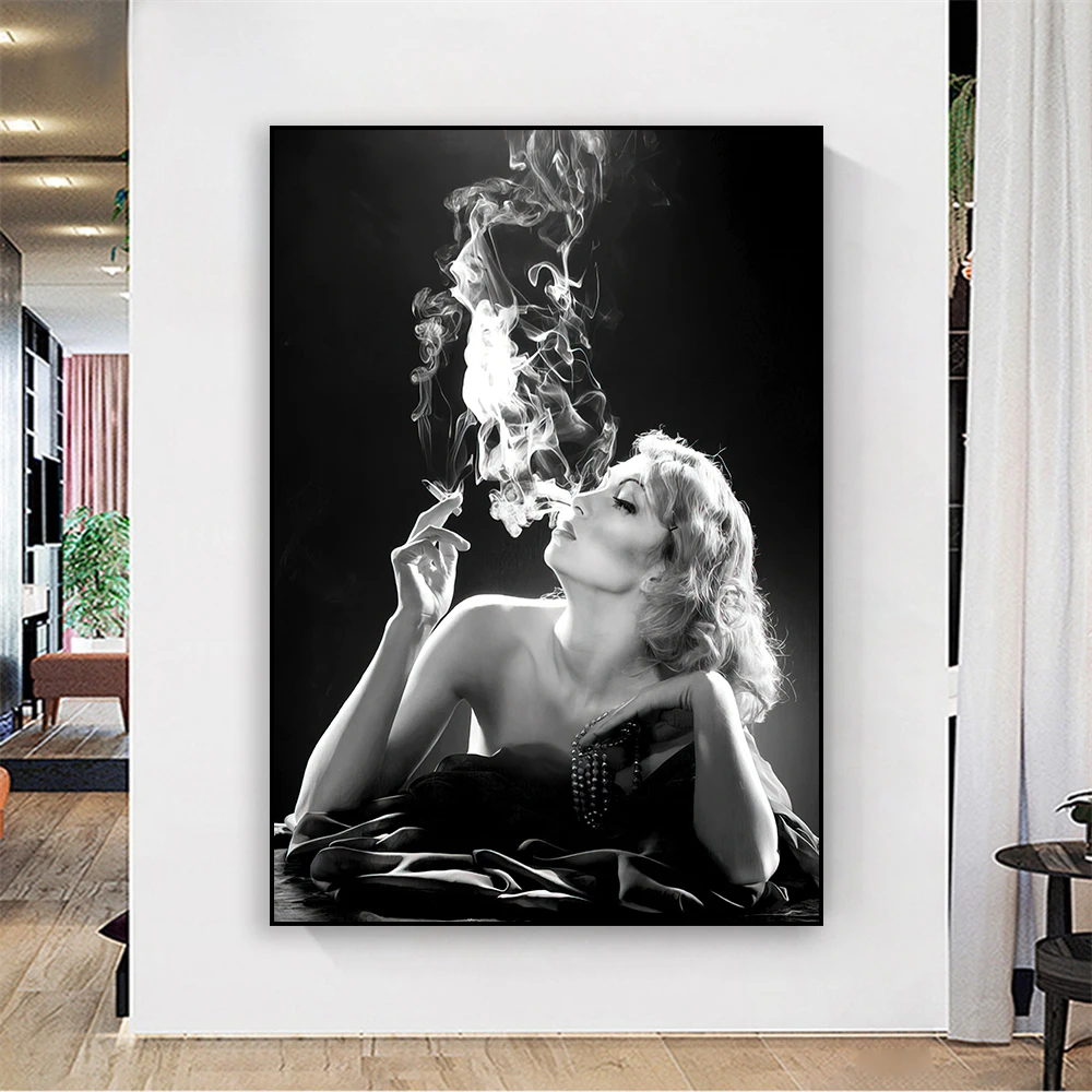 Elegant Women Poster Classical Black and White Print Sexy Women Smoking Canvas Painting for Gallery Decor Home Room Decoration