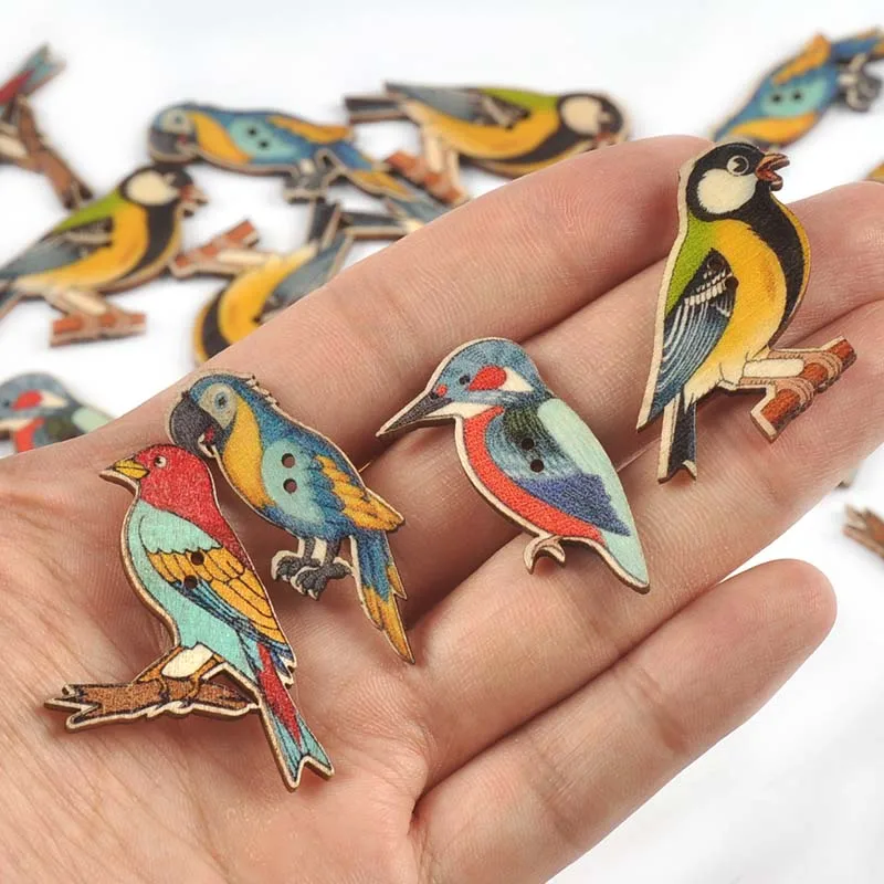 25Pcs 20-40mm Mixed Bird Pattern Painted Wooden Decorative Button DIY Scrapbook Crafts Home Sewing Accessories Handmade Supplies