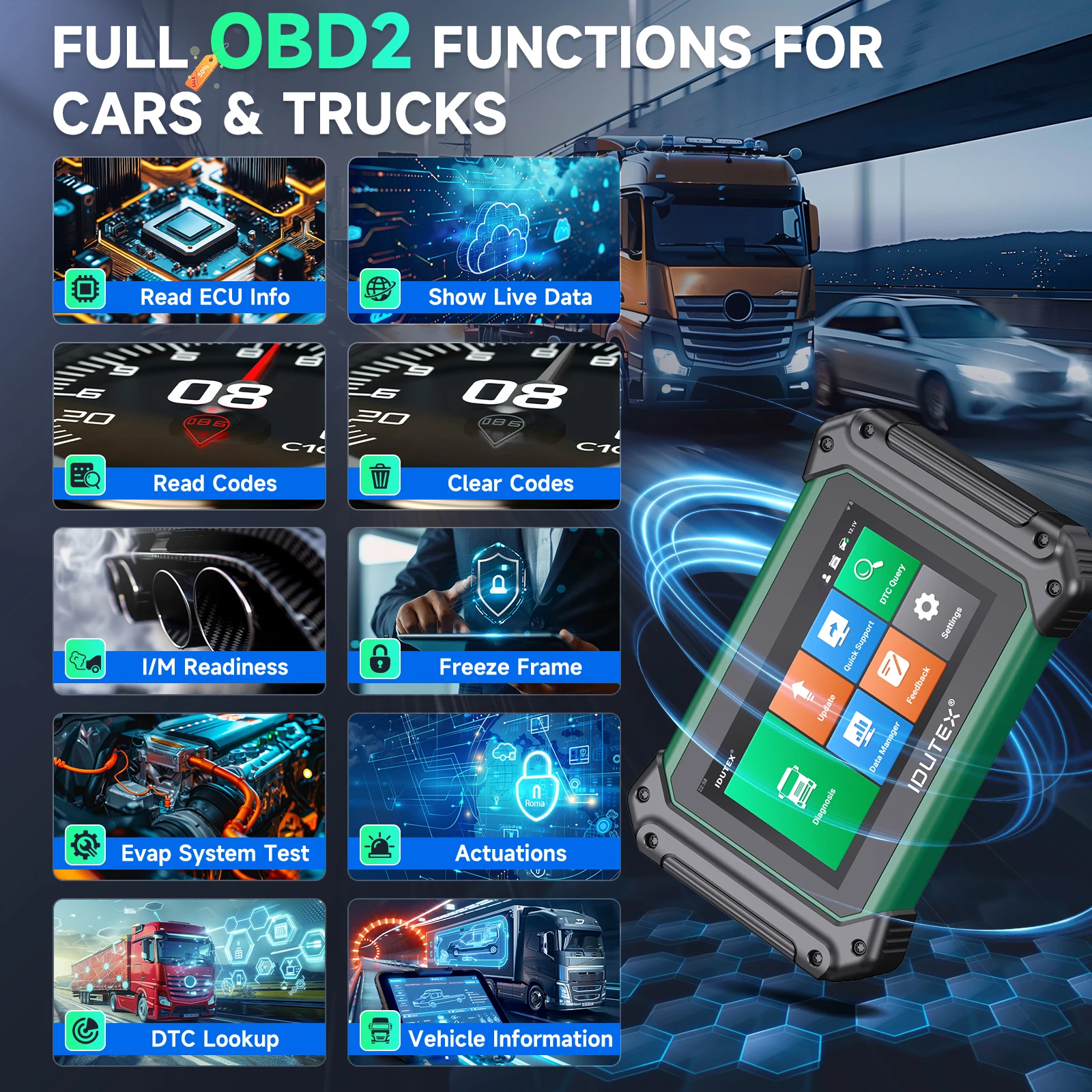 IDUTEX TS710 Schwerlast-LKW-Diagnosegerät, bidirektional, 42 Rückstellfunktionen, ECU‑Codierung, alle Systeme, Ölservice‑Reset, DPF‑Regeneration, OBD2‑Diesel‑LKW‑Diagnosewerkzeug – Detail 6