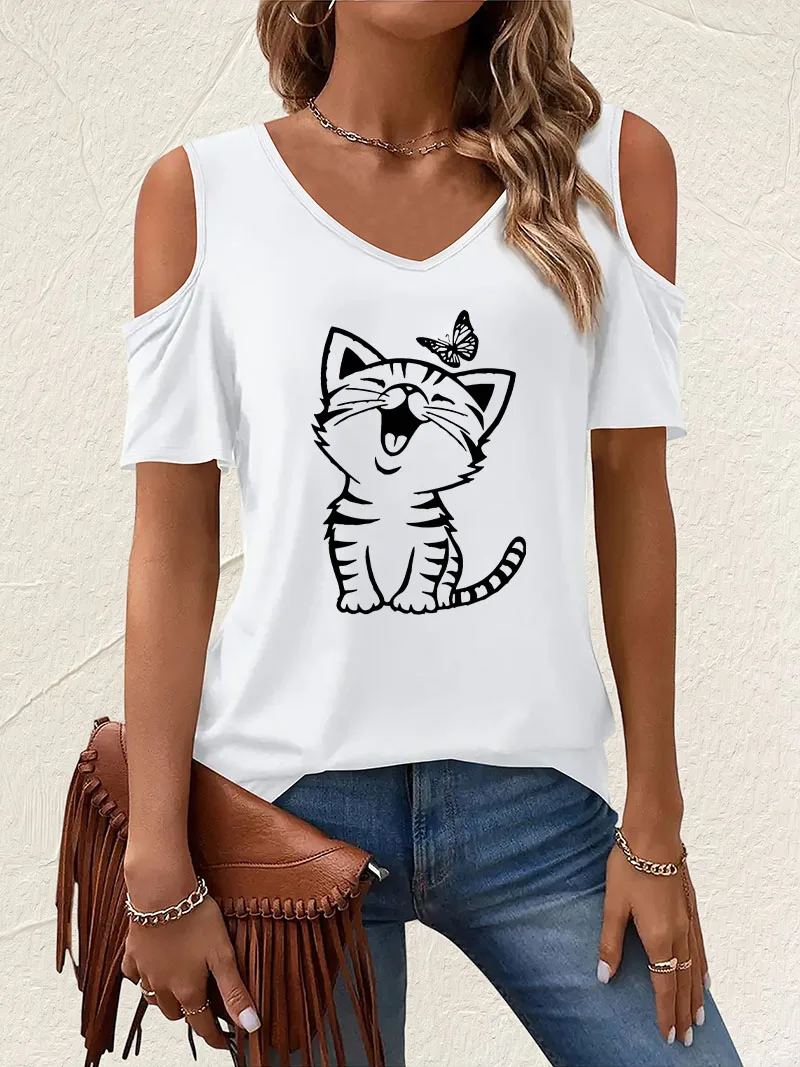 Summer Japanese Style Cat with Butterfly Off-Shoulder V-Neck T-shirt Short Sleeve Graphic V Neck T Shirt Casual Top Tee Women