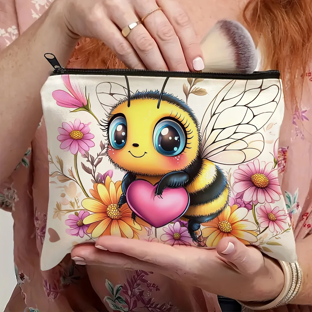 

Cute Bee & Floral Design Makeup Bag - Vibrant Cosmetic Storage Pouch,Ideal For Travel, Business, Fitness, Small Cosmetic Ba