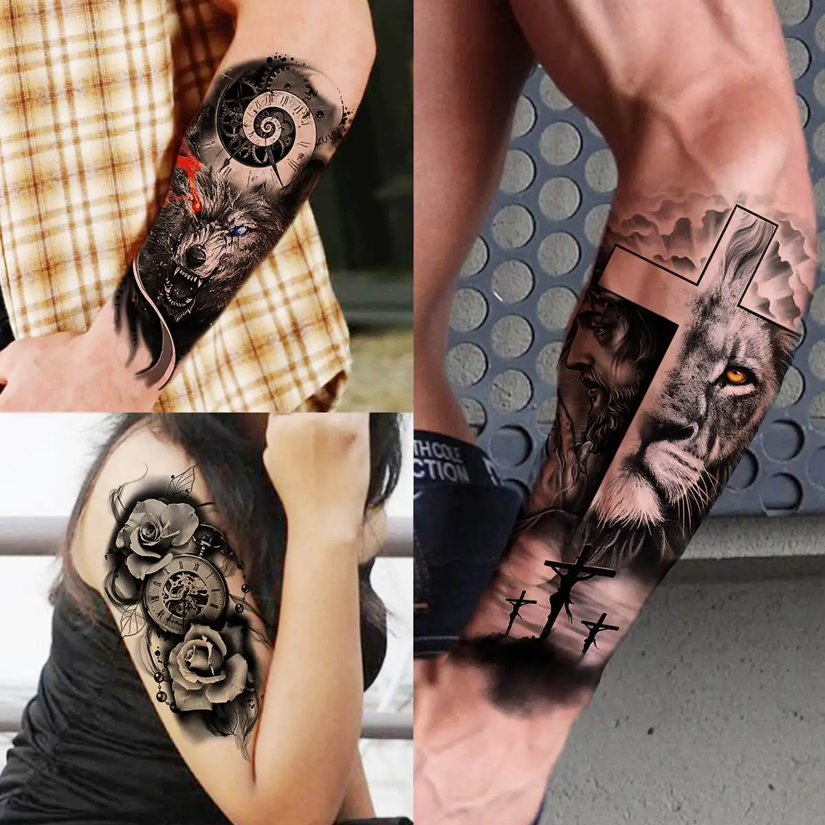 Tatuajes temporales de manga grande para hombres y mujeres, pegatina de tatuaje falso para antebrazo, tigre negro, León, búho, Calavera, tatuajes