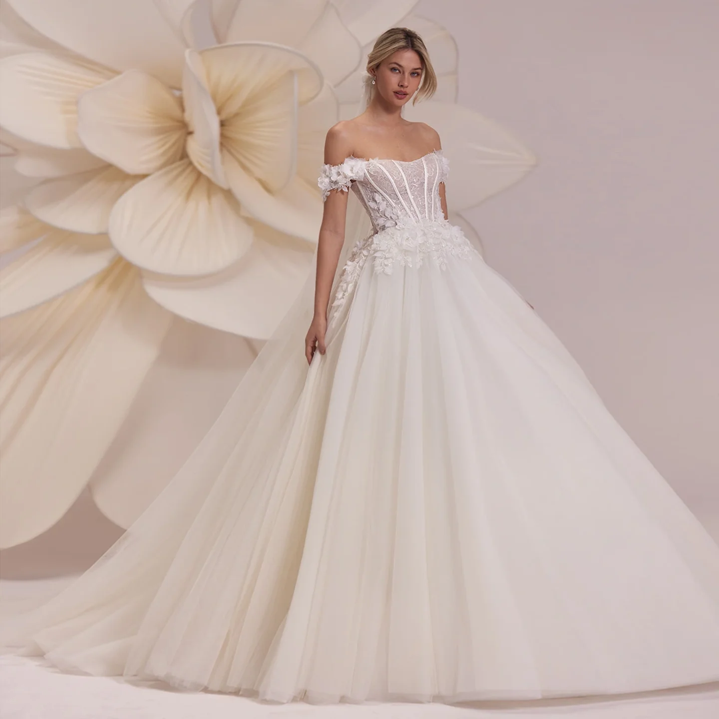 

Sharon Said Romantic 3D Flowers Tulle Off White Wedding Dress 2025 Off Shoulder Ball Gown Princess Bride Gowns SW242 Customized
