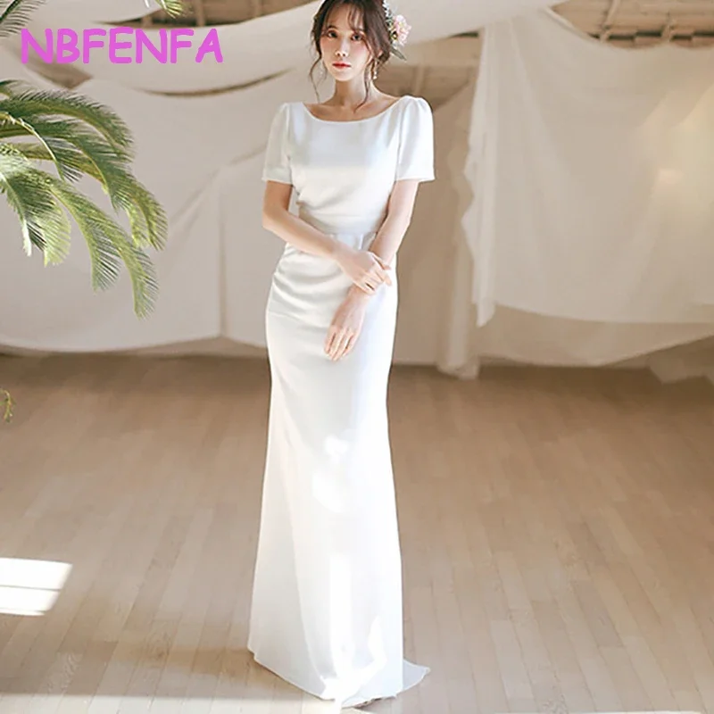 White Round Neck Light Wedding Dresses Korean Satin Simple Mermaid Dress Outdoor Photography Bridal Dress Sexy Backless Dresses