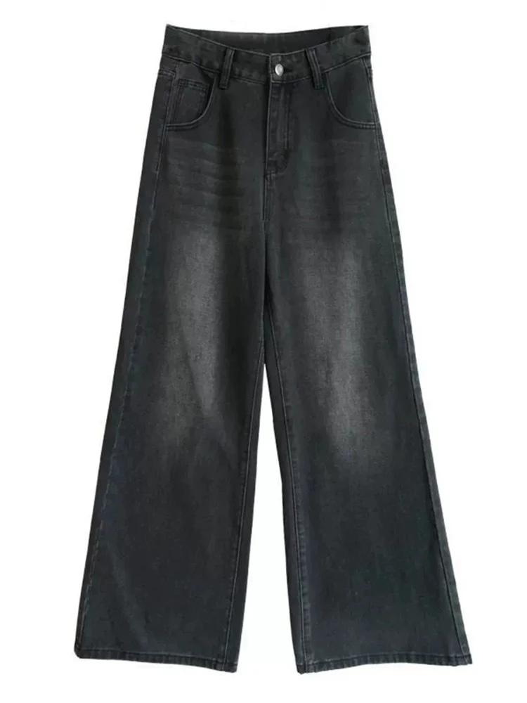Pantalones vaqueros holgados hasta el suelo, color negro y gris, Retro, para ir al trabajo, versátiles, de pierna recta, elegantes, informales, de cintura alta