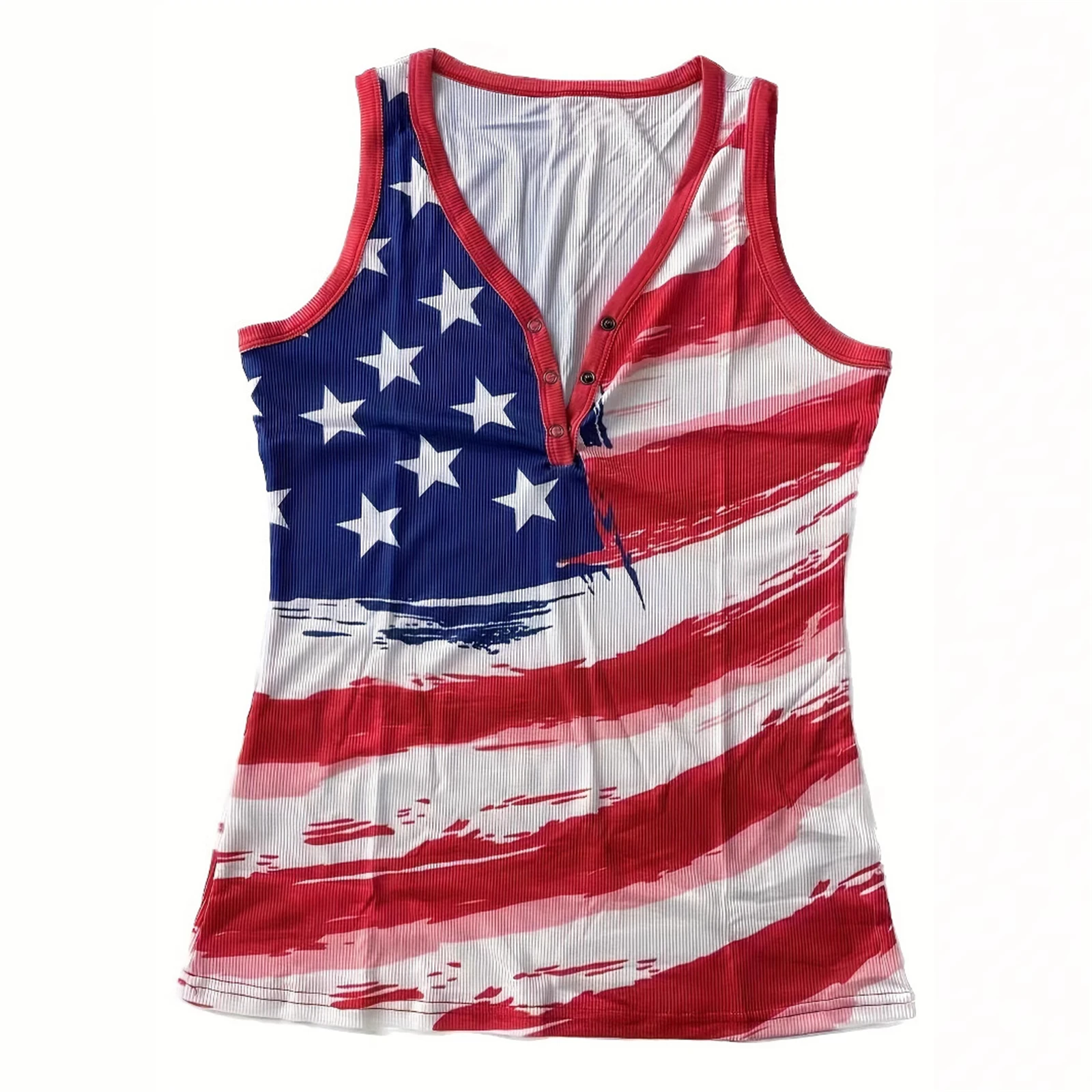 

Women American Flag Printed Tank Top 4th Of July Independence Day Summer Knitted T-Shirt Button V-Neck Sleeveless Patriotic Tops