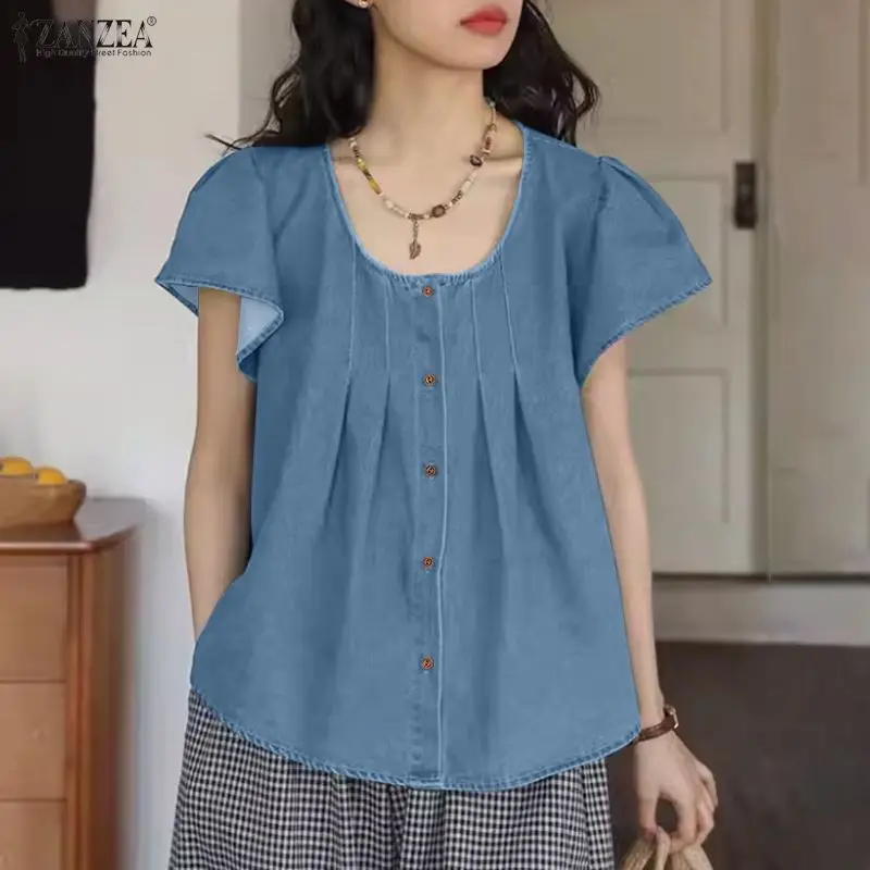 ZANZEA Blusas Femininas Elegantes de Imitação Jeans com Gola O, Manga Curta, Plissadas e com Botões, Coleção Verão 2026, Estilo Casual e Delicado