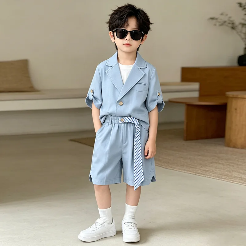 Handsome Boys' Summer Casual Suit Set Children's Short-Sleeved Clothes Set Fower Girl Host Performance Clothing