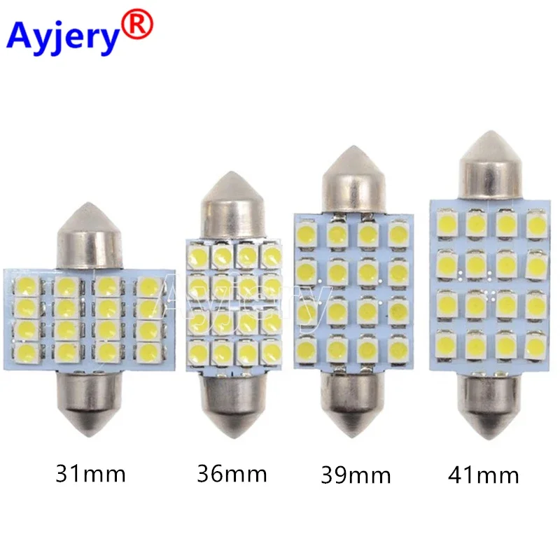 

AYJERY 100 Pcs 3528 1210 White 16 SMD LED Car Dome Festoon Interior Lights Bulbs 31mm 36mm 39mm 41mm Auto Roof Car Trunk Light