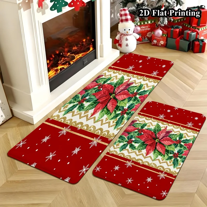 2PC Santa Claus Presents Kitchen Rugs 2 Piece, Red Balloon Holiday Kitchen Mat Set,Washable Floor Mat for Kitchen Hallway