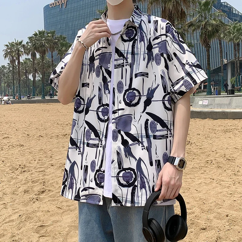 2024 Summer Men's Shirt Short Sleeve Graffiti Print Holiday Beach Street Clothing Men's Loose Open Top