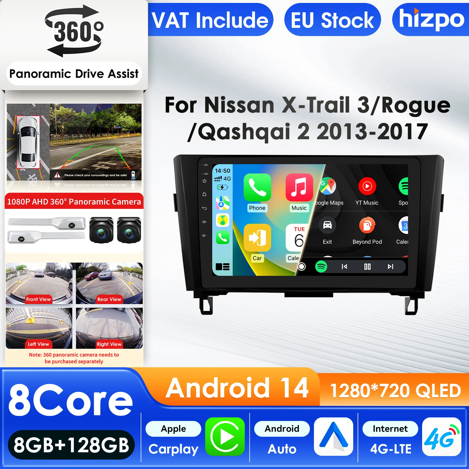 Hizpo Auto-Multimedia-Player für Nissan Qashqai J11 X-Trail 3 T32 2013-2017 GPS Carplay 4G AI Intelligenter Bildschirm Autoradio 360°-Kamera 10,1 Zoll Auto-Intelligent-Bildschirm QLED-Display