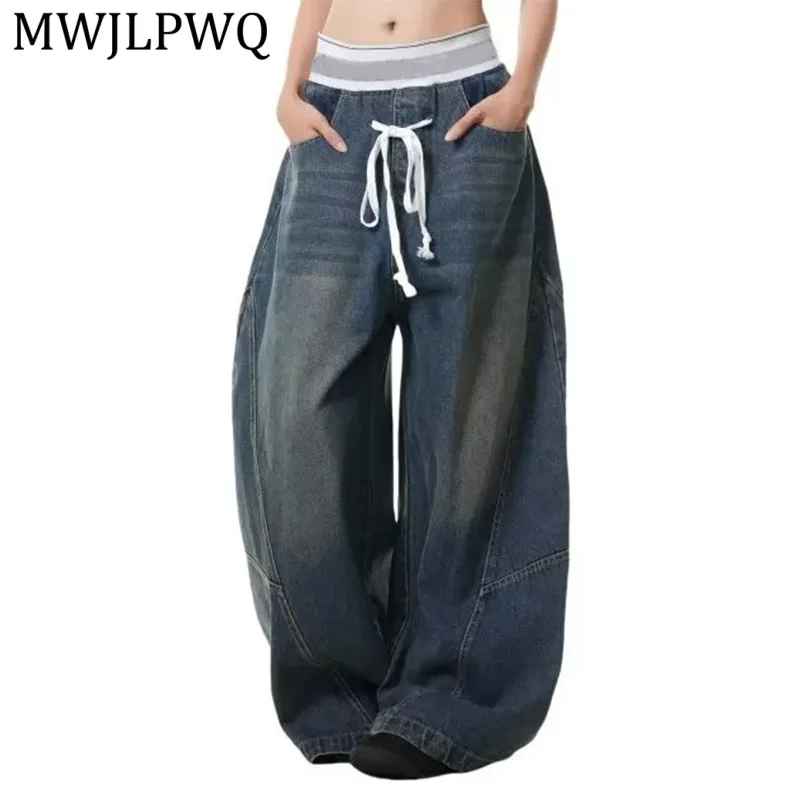 

MWJLPWQ American Street Style Washed Curved Hem Jeans For Men Spring Autumn Pleated Patchwork Design Straight Loose Pants 14852