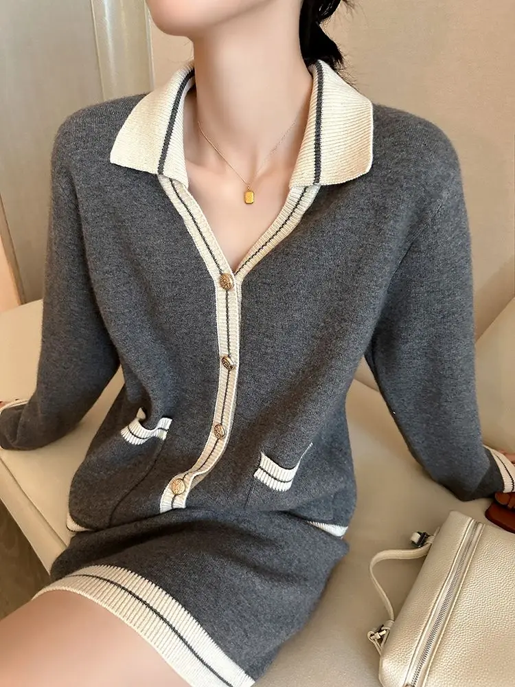 Autumn Winter New Small Fragrant Style Two Piece Set Women Contrast Long Sleeve Knitted Shirt A-line High Waist Half Skir