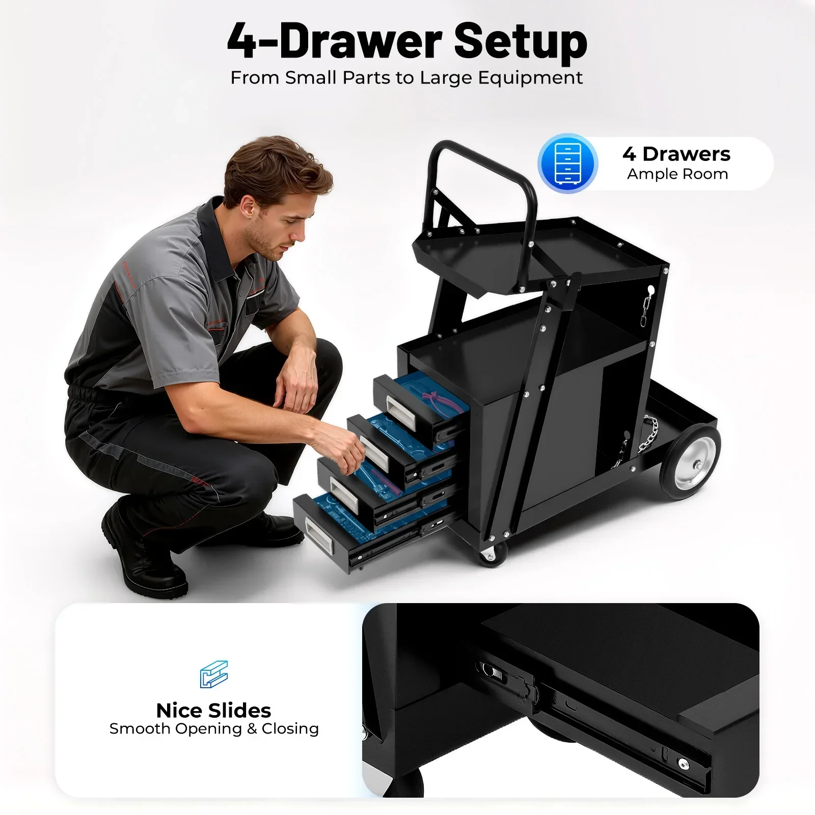 Rolling Welding Cart with Comfort Grip Handle - Black Welder Trolley Equipped with 4 Storage Drawers, Mobile Workshop Tool Cart view 2