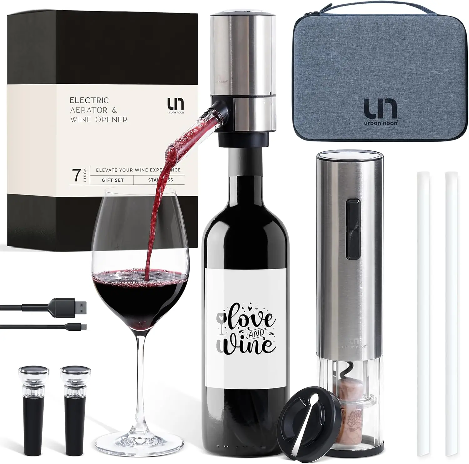

Rechargeable Electric Wine Opener Set with Aerator, Foil Cutter & Vacuum Stoppers – Automatic Wine Bottle Opener Kit with