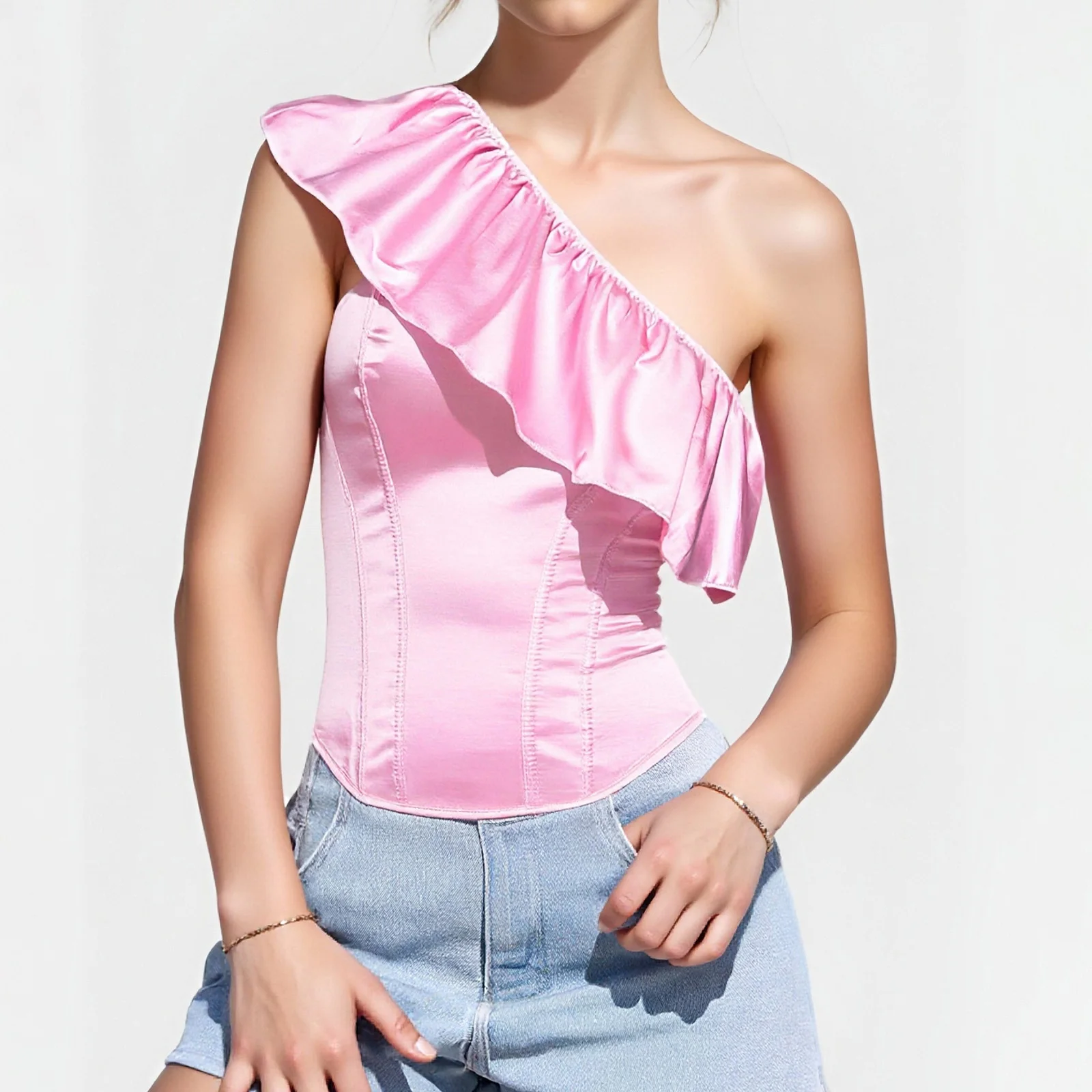 

Design Women's One Shoulder Tank Tops Sleeveless Ruffled Solid Color Satin Slim Fit Corset Vest