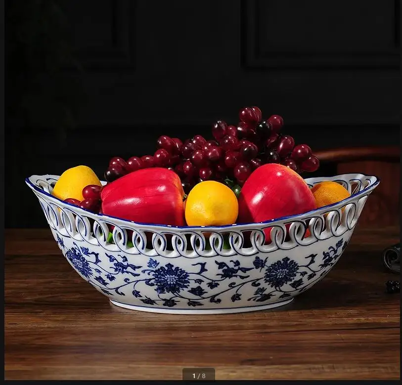 Chinese Style Blue and White Ceramic Fruit Plate Ingot Shaped Dinner Refreshment Tray Snack Salad Bowl Dish