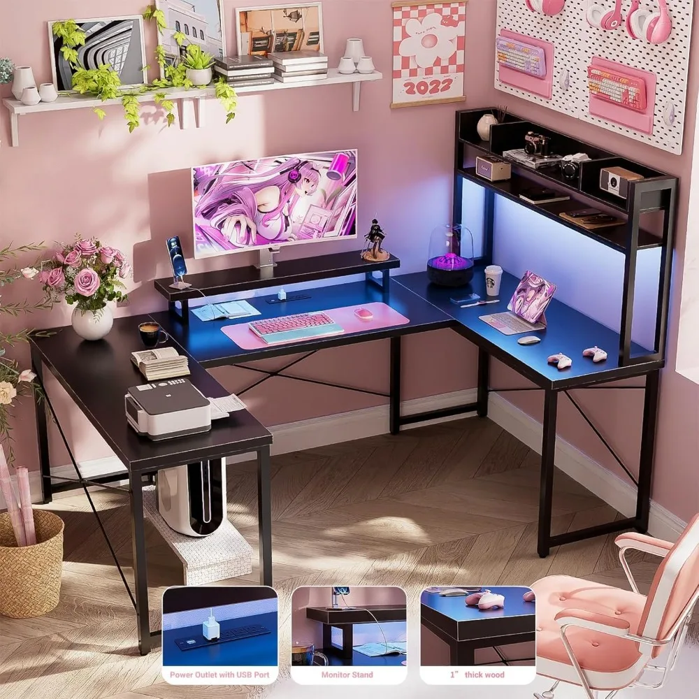 Large U Shaped Computer Desk with Hutch, Customizable Reversible L Shaped Office Desks with Power Outlets & LED Lights, Corner