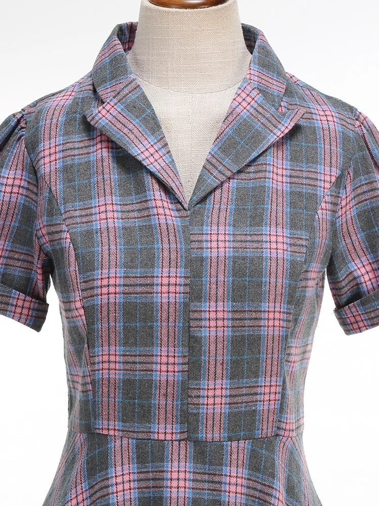 Sukienka midi w stylu angielskim z nadrukiem w kratę, vintage, retro, elegancka, codzienna, z krótkim rękawem, tunika koszulowa, sukienka wieczorowa z wybiegu, jesień 2025.