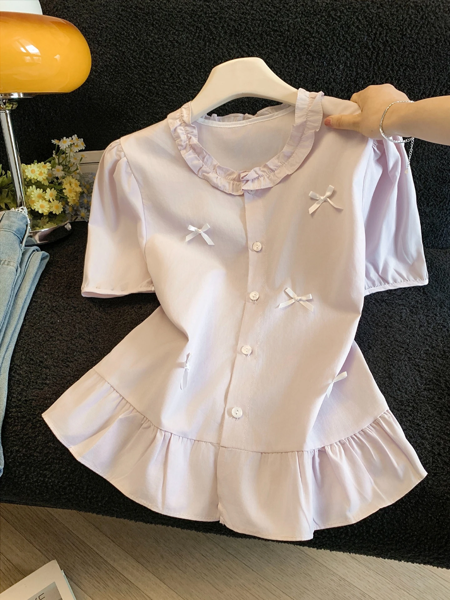 

Шикарная женская блузка с узлом и коротким рукавом, лето 2026, новый дизайн, с кружевной отделкой, приталенный топ в корейском стиле, прямой крой