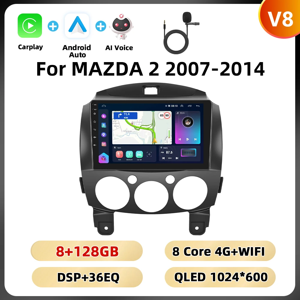 Podofo 9 ''BT RDS Autoradio Voor MAZDA 2 2007-2014 Multimedia Speler Navigatie Carplay Android Auto WIFI 4G AI Voice Autoradio