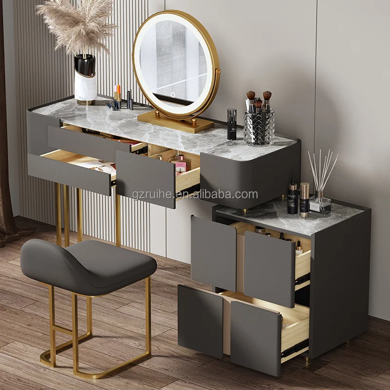 Light Luxury Modern Telescopic Dressing Table With Mirror Multi-Functional Storage Cabinet Integrated For Bedroom Application