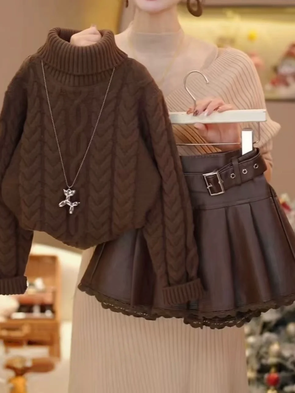 

Girls Winter Thiened Long Sve High Collar Twist Knitwear f Skirt Two Piece Set Children's Faionable Outfit for Ages...
