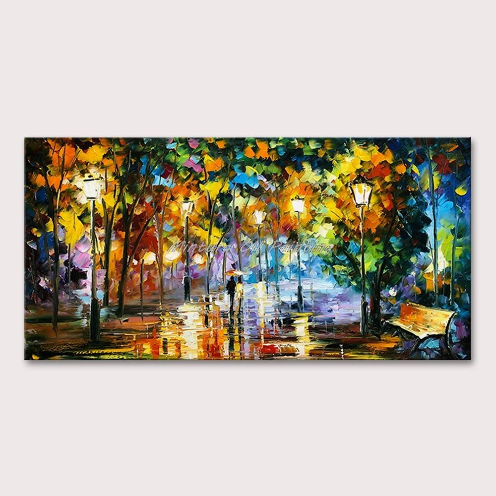 

Mintura Wall Picture for Living Room Oil Paintings on Canvas,Hand-Painted A City Street at Night Hotel Decor Wall Art, No Framed