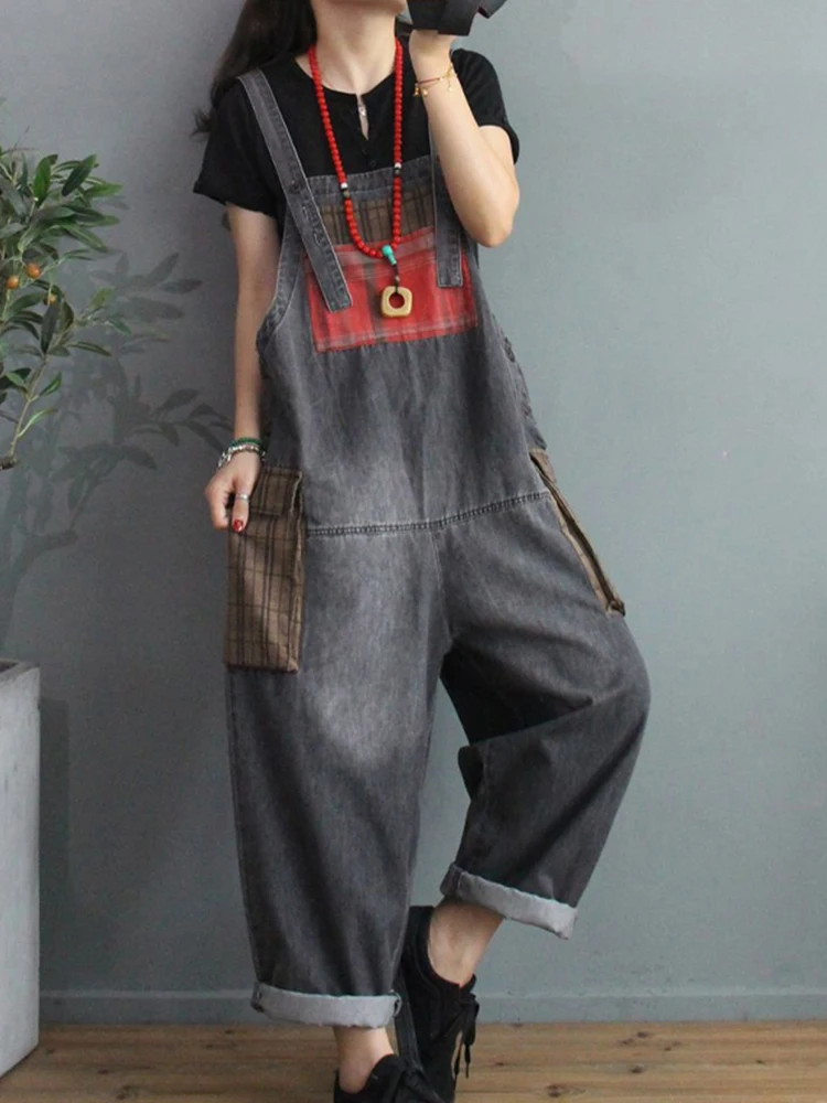 Max LuLu 2024 yeni sonbahar kore moda tasarımcısı bayan ekose Denim pantolon bayanlar baskılı Vintage kot rahat gevşek tulum